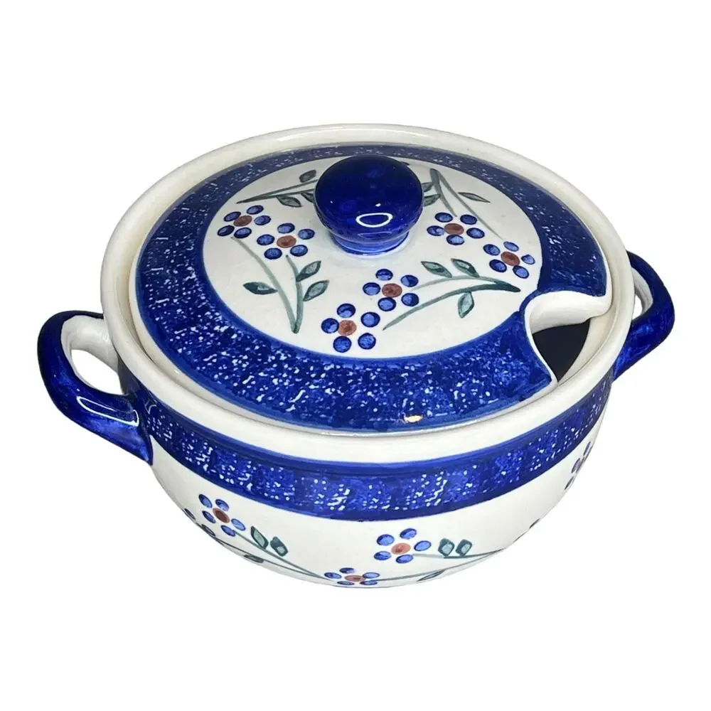 VTG Wiza Poland COVERED DISH Sugar Bowl Gravy Mini Crock Handles Polish Pottery - Picture 2 of 6
